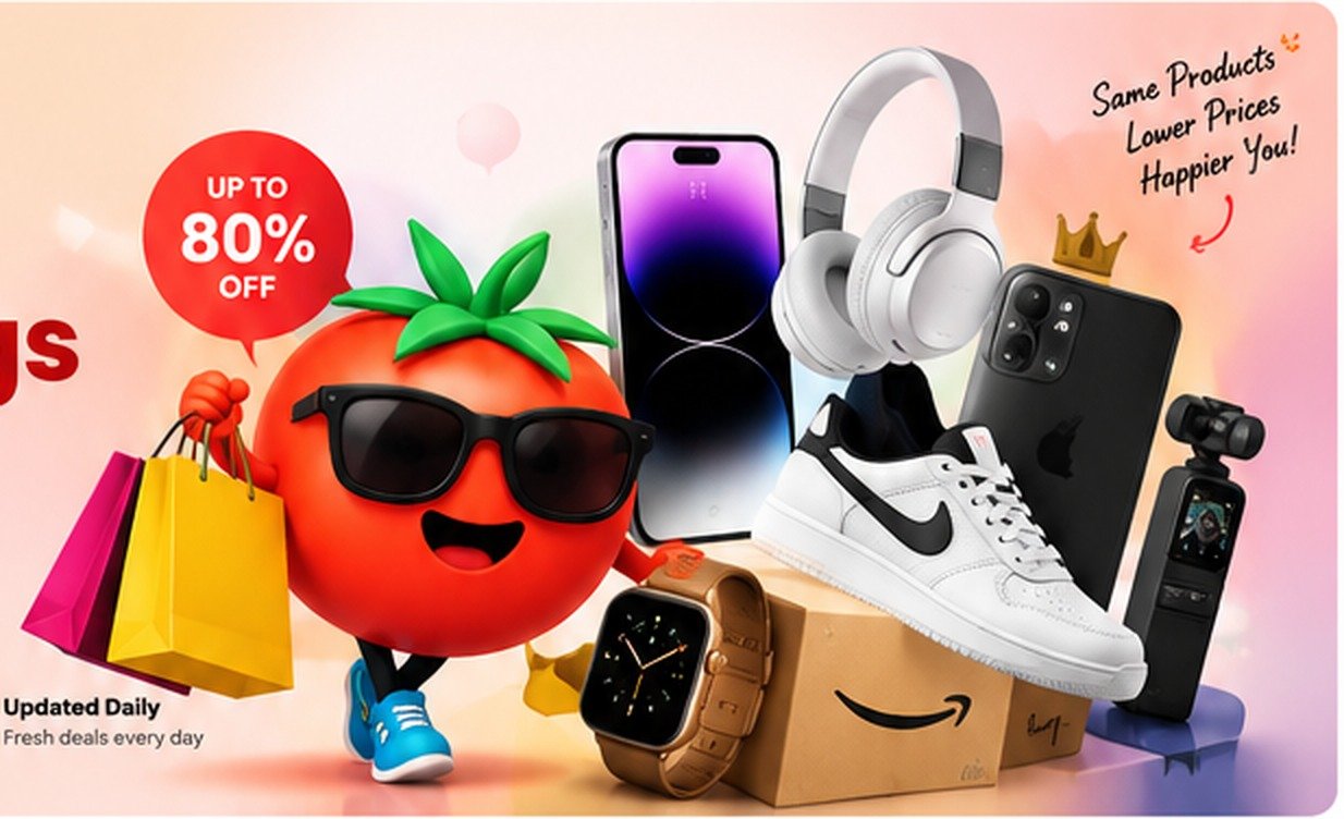 TomatoDeals shopping mascot alongside headphones, phones, bags and more